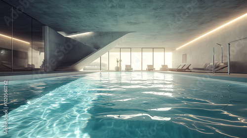Obraz na płótnie Modern indoor swimming pool with calm water, sleek design, and tranquil lighting, providing a relaxing atmosphere. w salonie