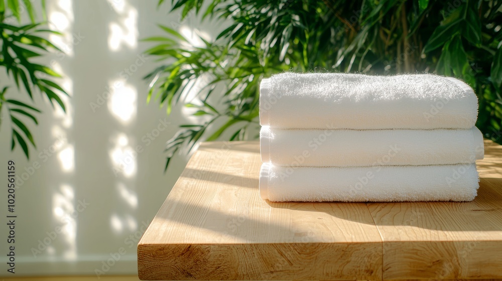 Wooden Table with Stack of Organic Cotton Towels
