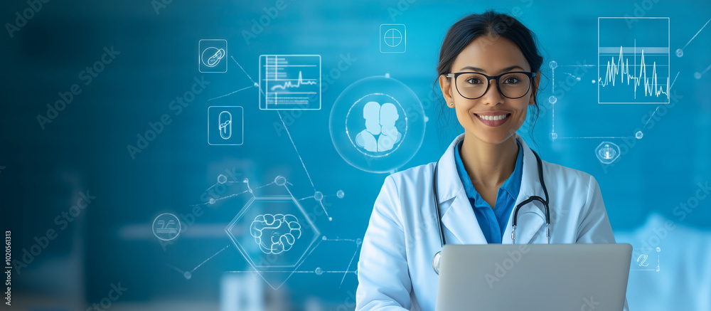A family doctor consults with a patient via telemedicine on their laptop, with virtual health insurance and medical icons displayed on the screen. The futuristic background undersc A family doctor consults with a patient via telemedicine on their laptop, with virtual health insurance and medical icons displayed on the screen. The futuristic background undersc