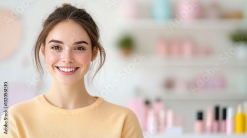 Free Download A cheerful girl applies her makeup at a beautifully arranged vanity table filled with various cosmetics and beauty products - GFXLoad