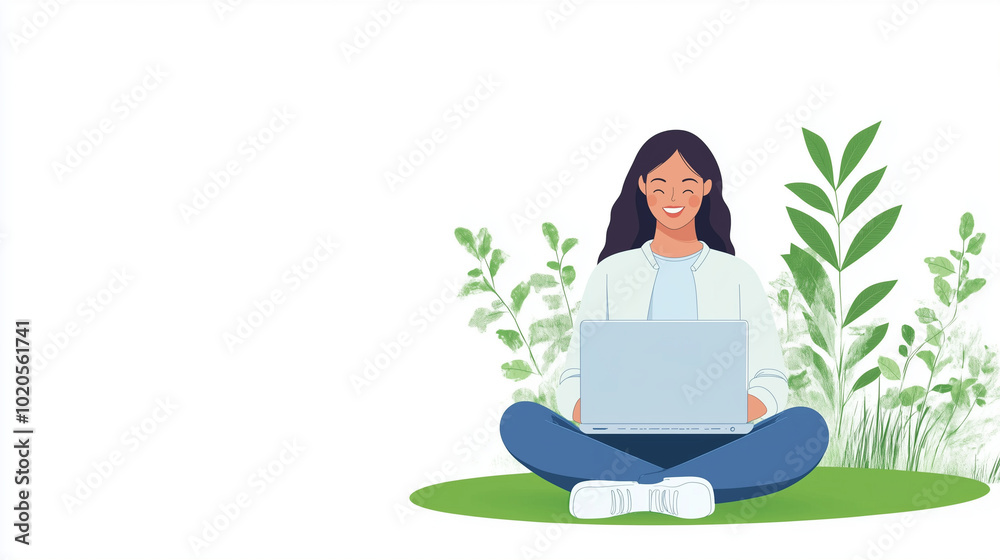 A woman sitting cross-legged in a green park, working on her laptop and smiling during a video call. Her casual outfit and relaxed posture reflect the ease of blending work with le A woman sitting cross-legged in a green park, working on her laptop and smiling during a video call. Her casual outfit and relaxed posture reflect the ease of blending work with le