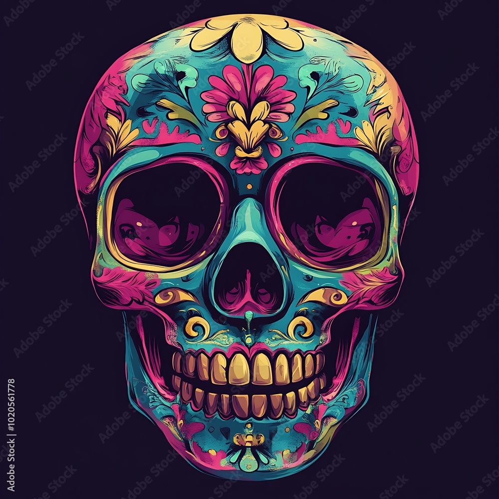 A colorful, detailed, and intricate sugar skull design with a blue and pink background, filled with flowers and floral patterns, on a dark background. A colorful, detailed, and intricate sugar skull design with a blue and pink background, filled with flowers and floral patterns, on a dark background.