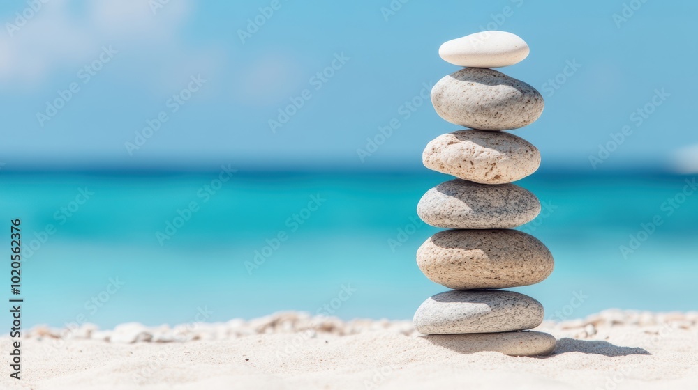 Seven smooth stones are carefully balanced on a sandy beach, overlooking calm turquoise waters beneath a bright blue sky Seven smooth stones are carefully balanced on a sandy beach, overlooking calm turquoise waters beneath a bright blue sky