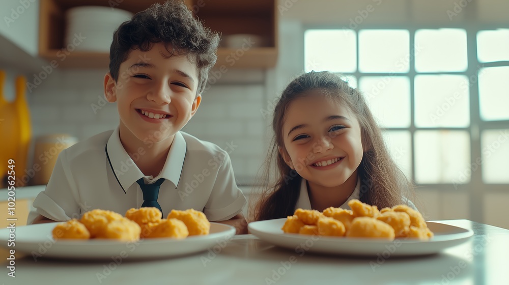 Two smiling children enjoy delicious plates of golden chicken nuggets in a bright kitchen during a joyful mealtime Two smiling children enjoy delicious plates of golden chicken nuggets in a bright kitchen during a joyful mealtime