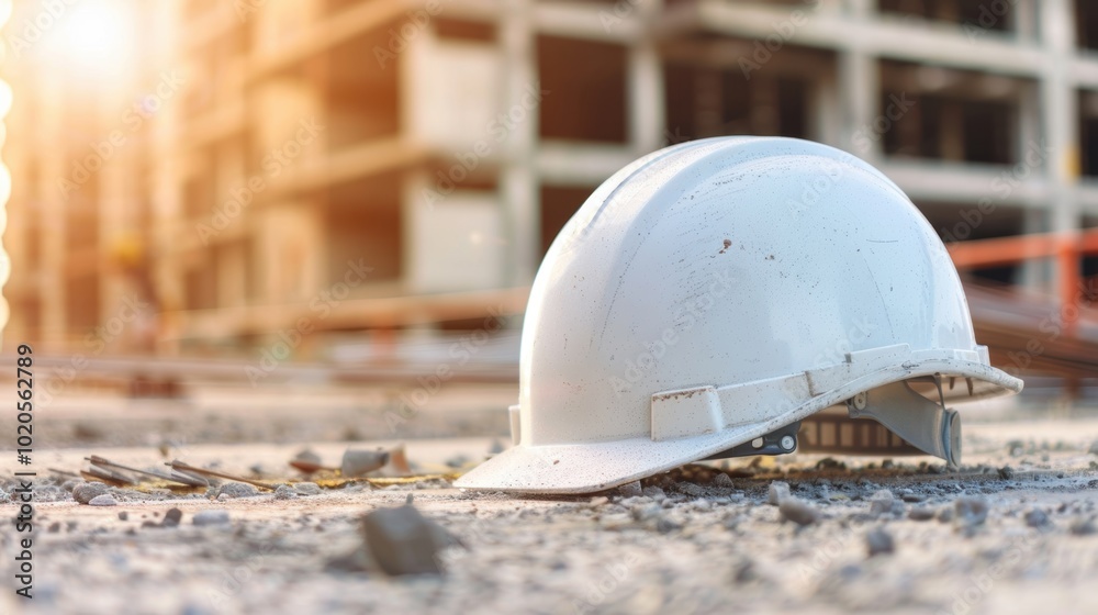 A white hard hat is positioned on the ground at a construction site, surrounded by gravel and debris, while sunlight shines in the background A white hard hat is positioned on the ground at a construction site, surrounded by gravel and debris, while sunlight shines in the background