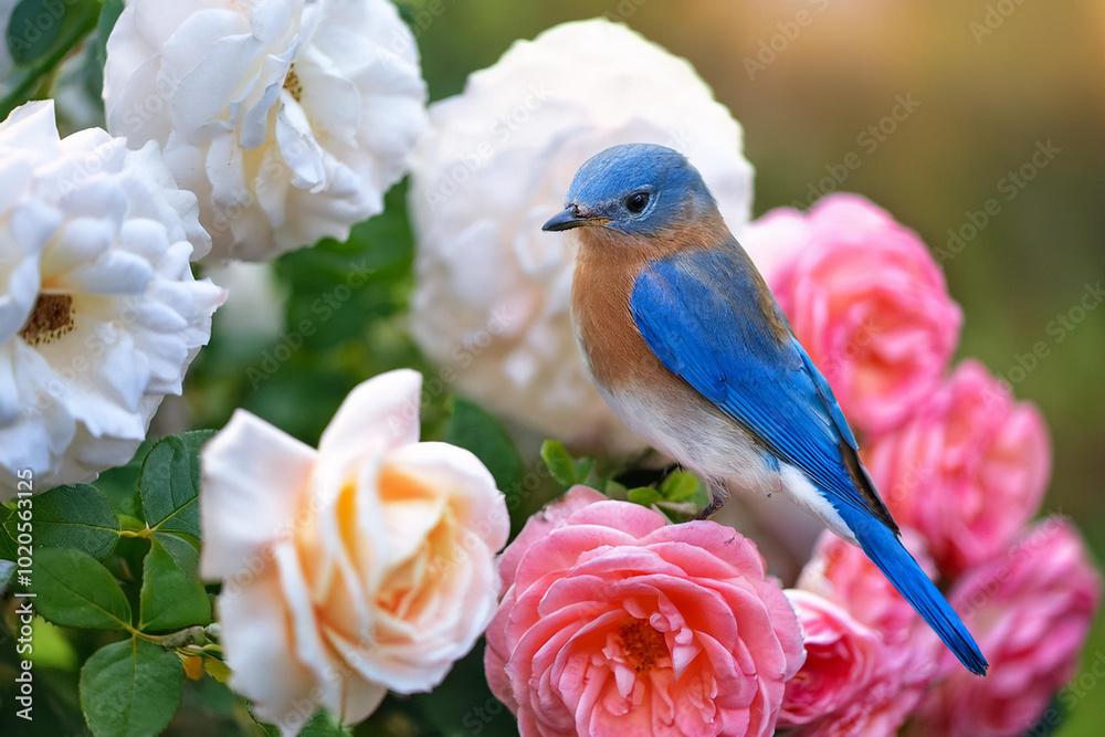 Obraz premium a little blue bird sitting on a rose