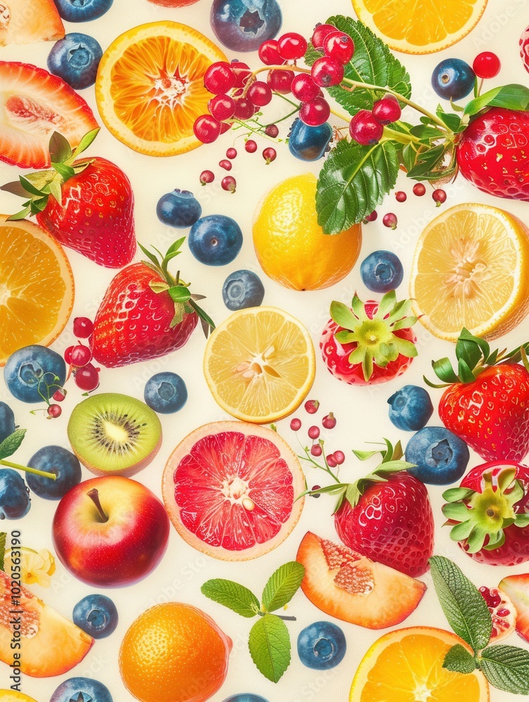 Various colorful fruits and delicate flowers are beautifully arranged, creating a refreshing and lively summer tableau full of joy. Generative AI Various colorful fruits and delicate flowers are beautifully arranged, creating a refreshing and lively summer tableau full of joy. Generative AI