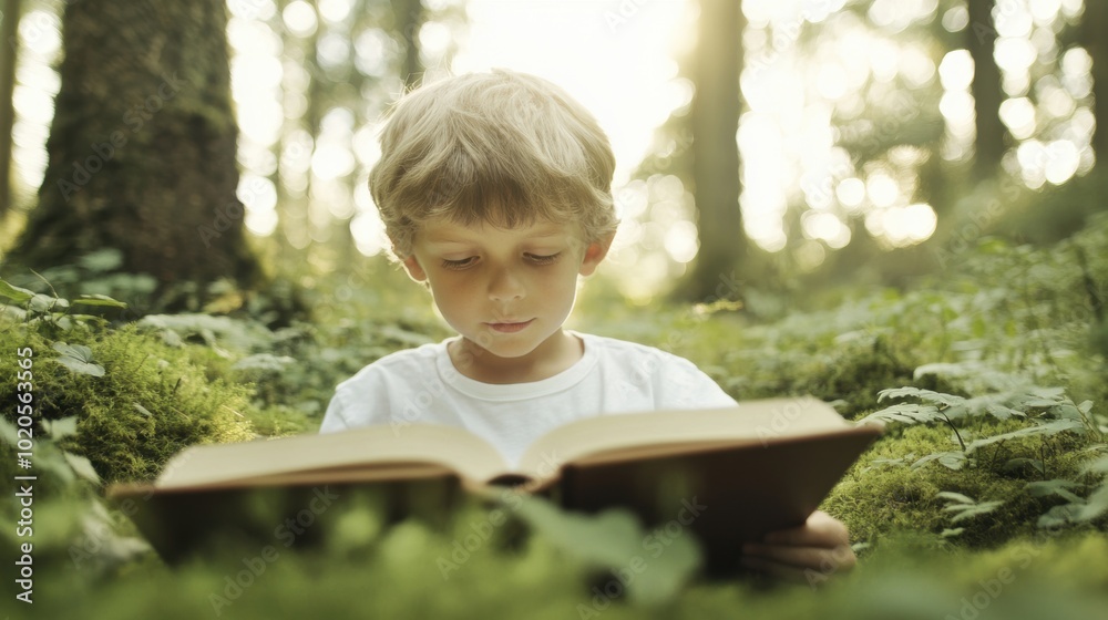 The young boy is immersed in a storybook, sitting on lush greenery in a forest illuminated by soft sunlight The young boy is immersed in a storybook, sitting on lush greenery in a forest illuminated by soft sunlight