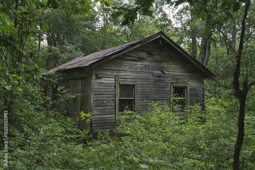 Abandoned wooden cabin enveloped by lush greenery under a serene overcast sky