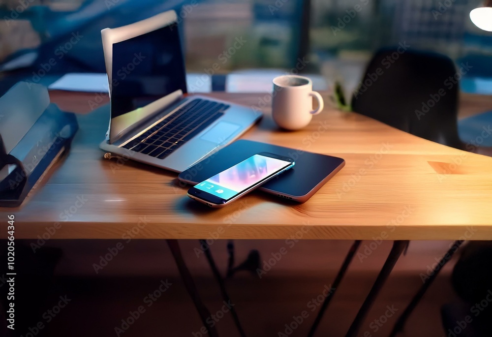 A close-up of a wooden desk with a laptop, smartphone, and a coffee mug. A close-up of a wooden desk with a laptop, smartphone, and a coffee mug.