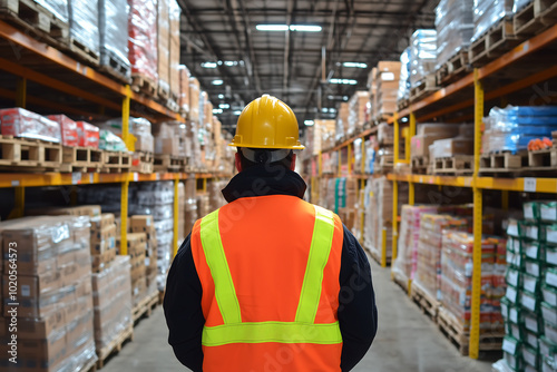 Worker in Safety Vest and Hard Hat Overseeing Inventory in a Large Warehouse