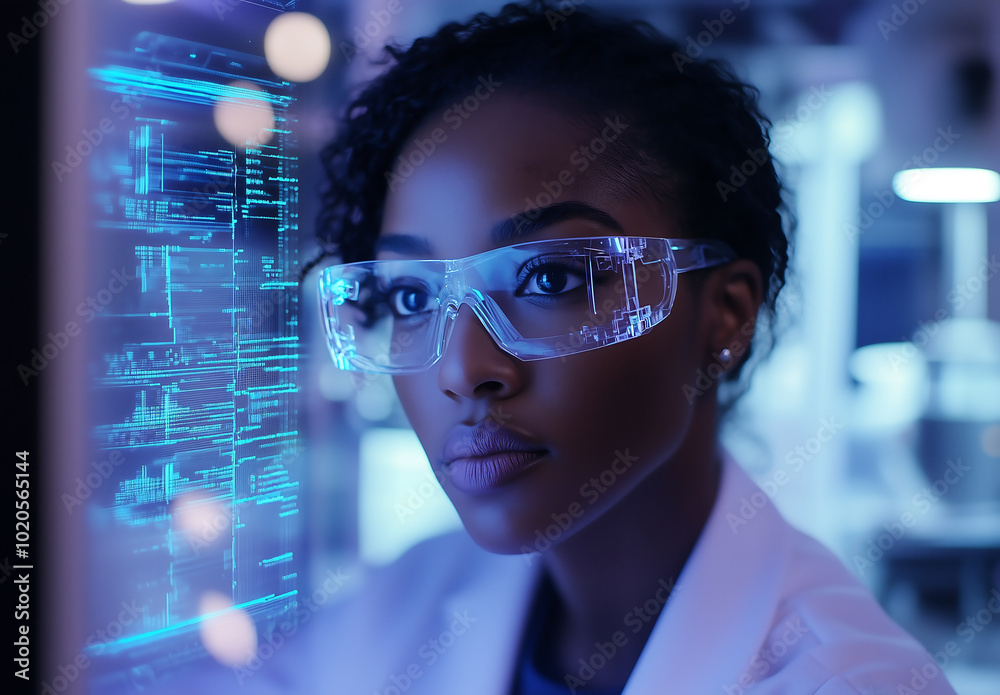 Focused Scientist in a High-Tech Laboratory Using a Digital Display for Data Analysis Focused Scientist in a High-Tech Laboratory Using a Digital Display for Data Analysis