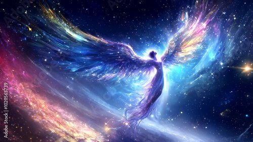 A celestial figure with radiant wings soars through the cosmic expanse, bathed in iridescent starlight and swirling galaxies. looping 4k video animation background photo