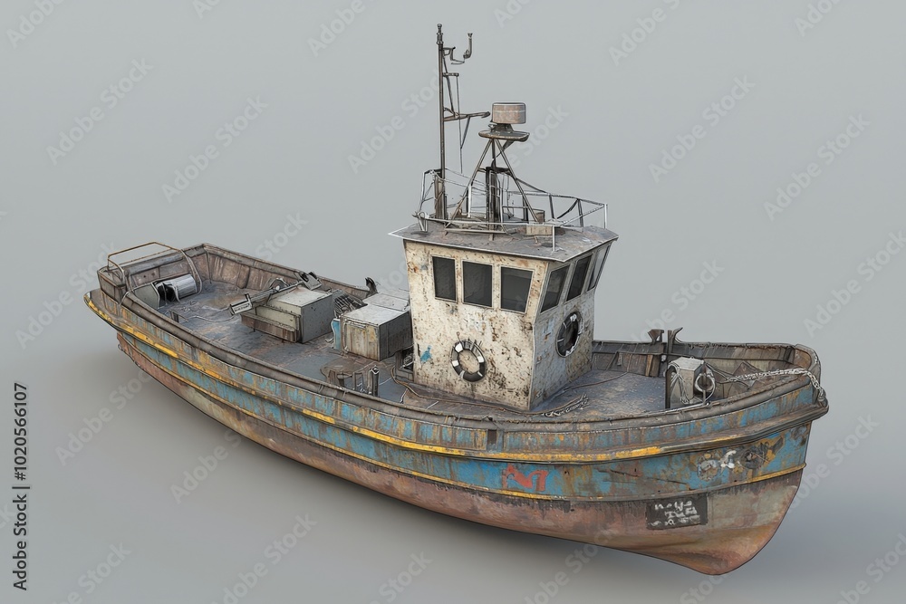 Weathered fishing boat resting in calm waters under soft morning light at the harbor Weathered fishing boat resting in calm waters under soft morning light at the harbor