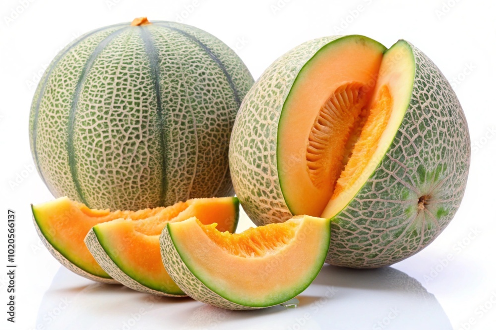 Cantaloupe melon and melon slices isolated on white background Cantaloupe melon and melon slices isolated on white background