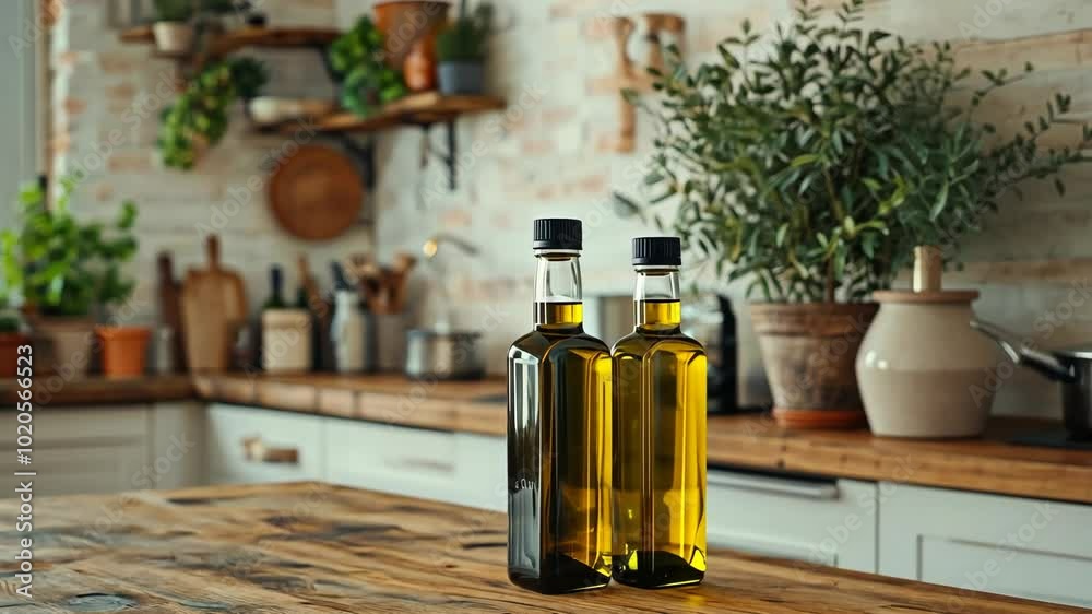 Two bottles of olive oil sit on a wooden countertop in a kitchen