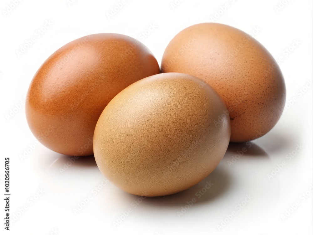 A trio of brown chicken eggs is elegantly set on a white surface, highlighting their fresh, organic quality in stunning photographic detail for culinary enthusiasts. A trio of brown chicken eggs is elegantly set on a white surface, highlighting their fresh, organic quality in stunning photographic detail for culinary enthusiasts.