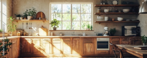 Rustic farmhouse kitchen with natural wood, vintage decor, sunlight streaming in