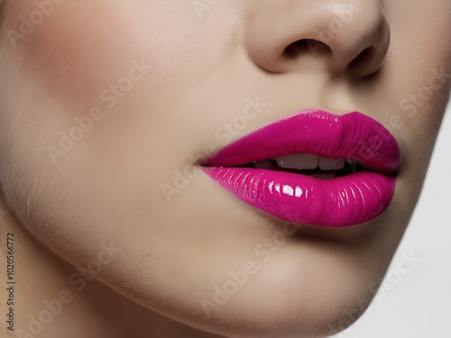 Close-up of the lower half of a person's face. Smooth, fair skin and wearing a vibrant, glossy pink lipstick. The lips are slightly parted, revealing a bit of teeth,