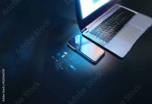 A dark blue background with a laptop and smartphone placed on the surface, glowing blue lines and shapes around the devices.