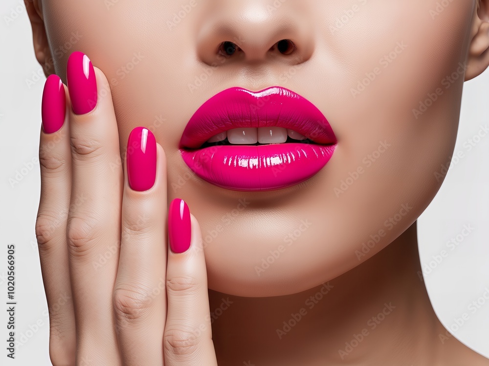Fototapeta premium Close-up of vibrant pink glossy lips and matching manicure for editorial beauty