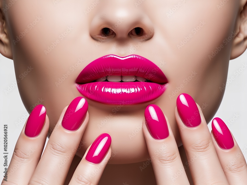 Naklejka premium Close-up of glossy pink lipstick and matching nails for beauty and cosmetics concept