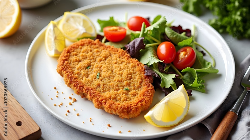 Soy-Based Breaded Cutlet Milanesa de Soja Served with Salad and Lemon Wedges (Argentinian Cuisine) Soy-Based Breaded Cutlet Milanesa de Soja Served with Salad and Lemon Wedges (Argentinian Cuisine)