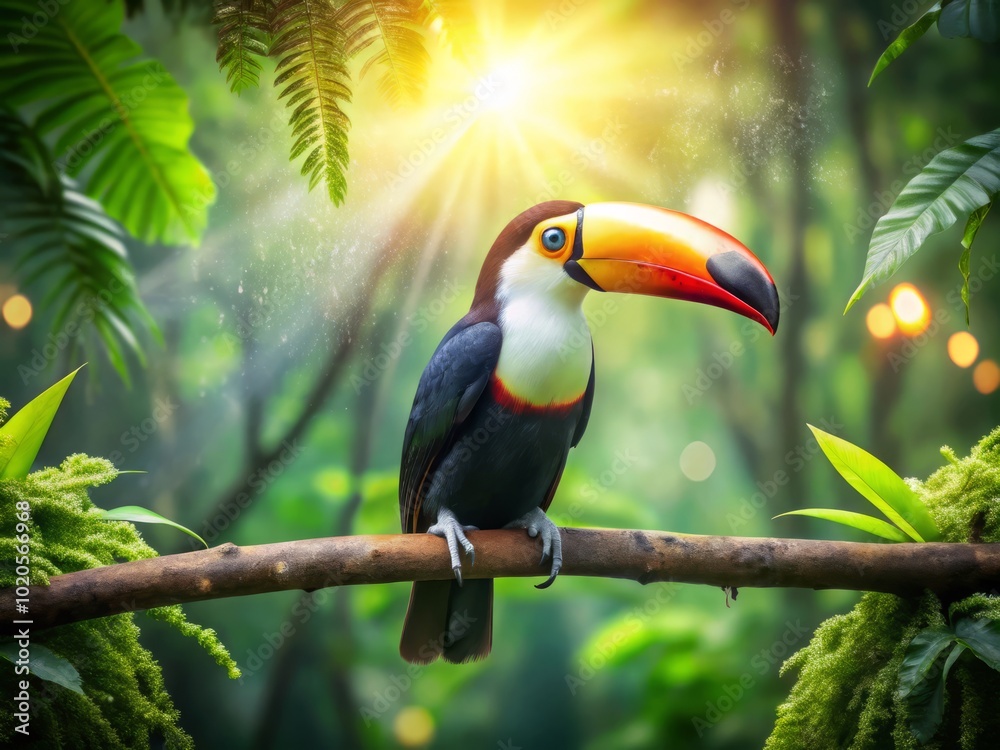 A vibrant toucan sitting in a rich green jungle, enveloped by a soft bokeh background, ideal for nature lovers and wildlife photography enthusiasts. A vibrant toucan sitting in a rich green jungle, enveloped by a soft bokeh background, ideal for nature lovers and wildlife photography enthusiasts.