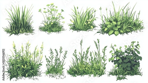 A collection of cartoon-style green grasses and plants illustrated on a white background, creating a vibrant lawn effect.