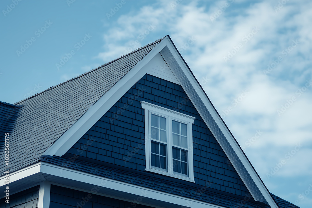 Close-Up of a Classic Suburban House Roof with White Trim and Blue Siding Against a Clear Sky Close-Up of a Classic Suburban House Roof with White Trim and Blue Siding Against a Clear Sky