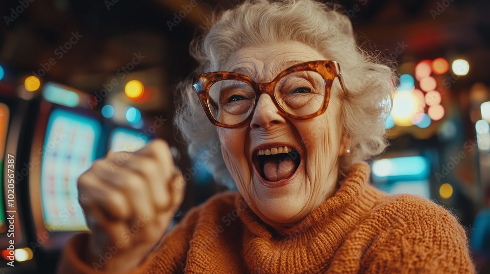 Fototapeta premium cheerful elderly woman participating in a bingo game with friends smiling and having a wonderful time during a relaxing leisure activity that brings joy and excitement to her retirement life