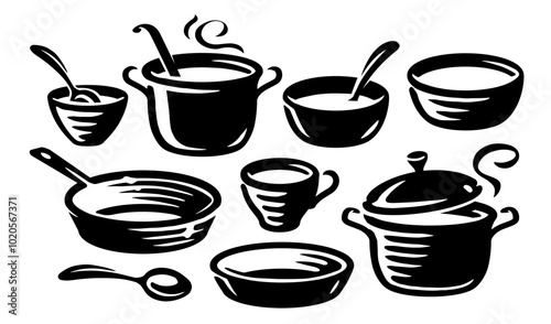 Kitchen utensils, cookware set of symbols or icons. Design elements cooking concept for restaurant or diner menu