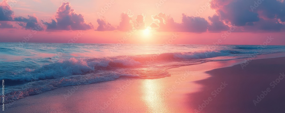 Fototapeta premium Serene sunset over a tranquil beach, calm waters and vibrant colors