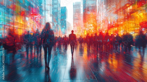 Abstract cityscape with colorful blurred silhouettes of people walking