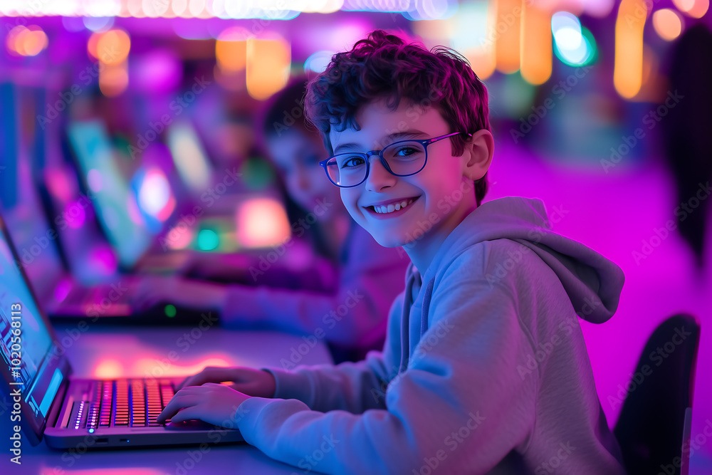 Happy Boy at a Gaming Event, Smiling While Using a Laptop in a Colorful, Neon-Lit Environment Happy Boy at a Gaming Event, Smiling While Using a Laptop in a Colorful, Neon-Lit Environment