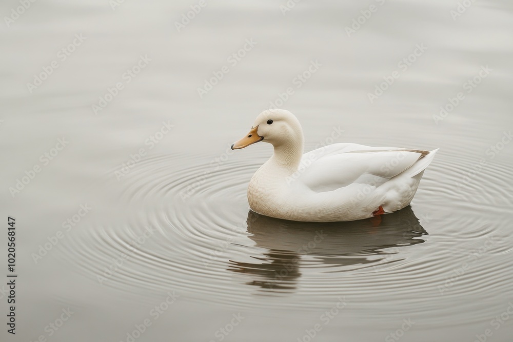 A white duck gracefully gliding on a still pond during a calm afternoon A white duck gracefully gliding on a still pond during a calm afternoon
