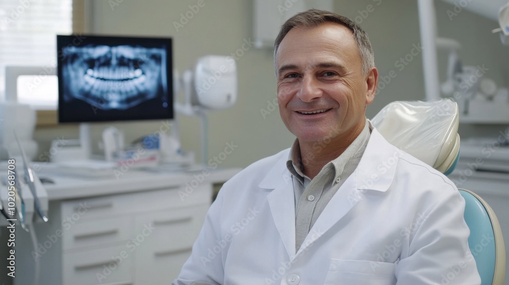 A dentist is sitting comfortably in a chair within a dental office A dentist is sitting comfortably in a chair within a dental office