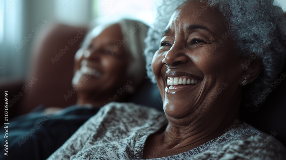 Elderly Women Sharing a Joyful Moment and Laughing Together on the Couch Elderly Women Sharing a Joyful Moment and Laughing Together on the Couch