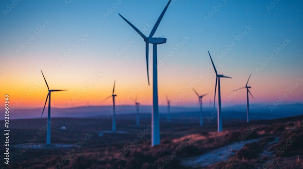 Obraz premium Wind turbines rise through the fog during sunset, blending nature and technology in a soft glow.