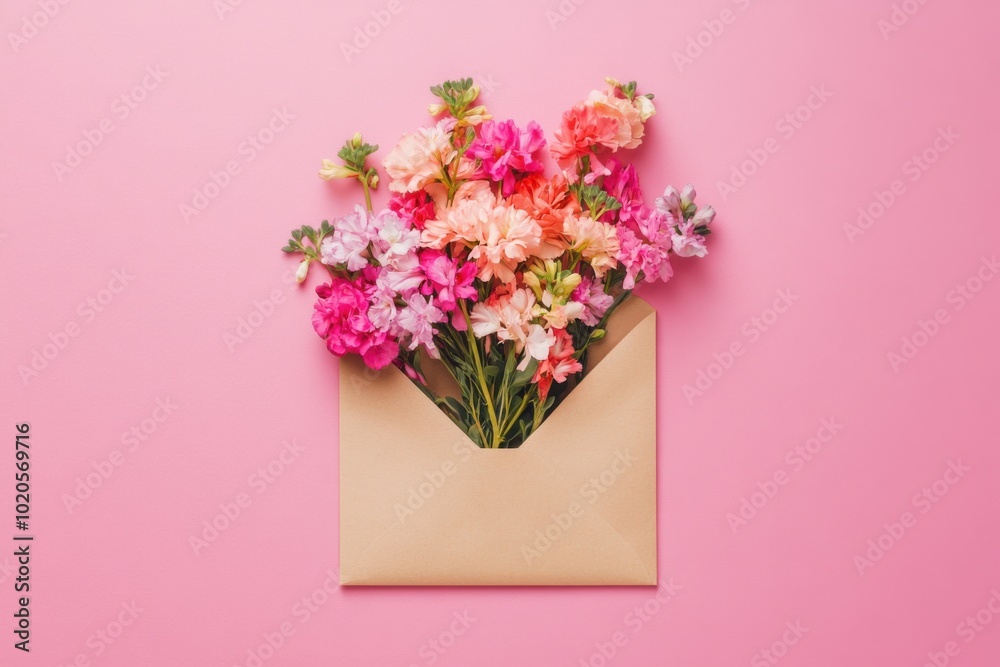 Obraz premium A colorful envelope brimming with vibrant flowers against a pink background