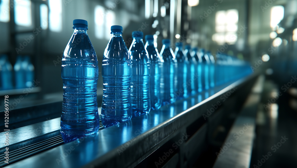 Bottled Water on a Conveyor Belt in a High-Volume Production Line at a Bottling Plant