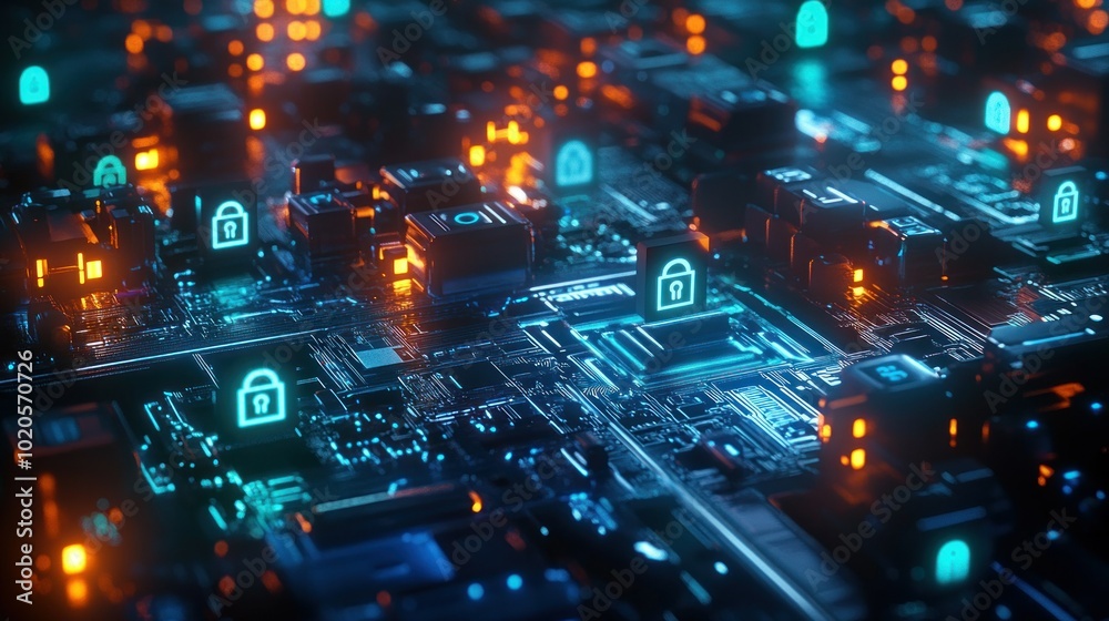 Abstract Cyberspace with Glowing Security Lock Icons