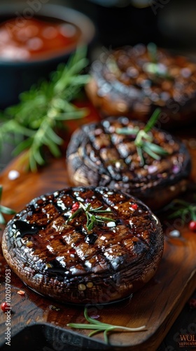 Mushrooms on a cutting board with sauce, world vegetarian day, food background