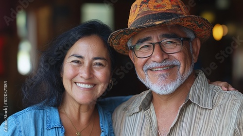 senior couple smiling happily at the camera, radiating joy and affection, a cheerful and loving portrait, capturing the beauty of mature love and a warm connection between two happy hearts