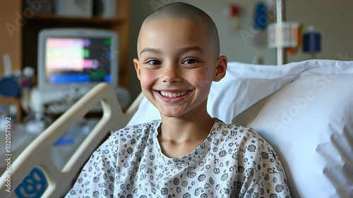 A bald youngster in a hospital bed with cancer smiles.