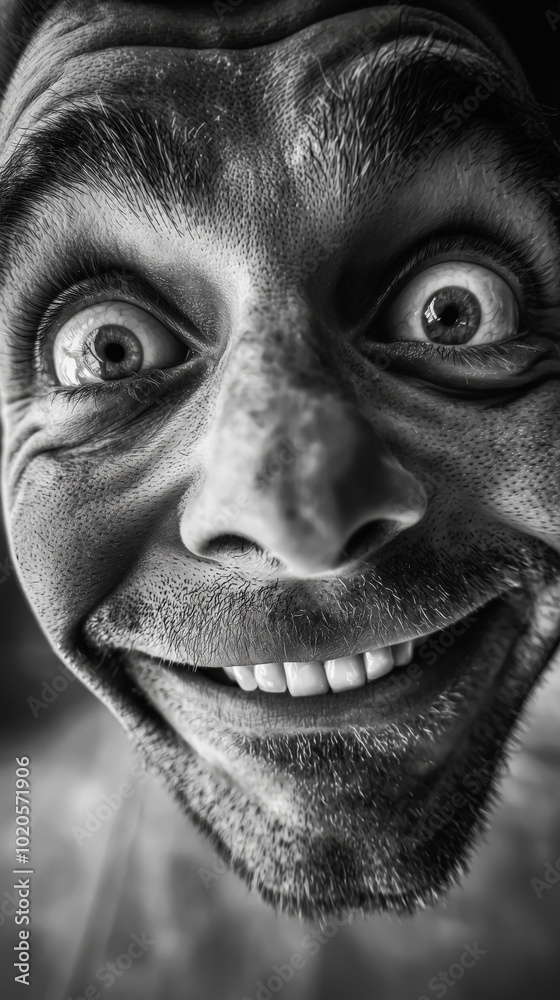 A black and white close-up photo captures a man's exaggerated facial expression and wide eyes, creating a sense of surprise and curiosity in a playful portrait study. A black and white close-up photo captures a man's exaggerated facial expression and wide eyes, creating a sense of surprise and curiosity in a playful portrait study.