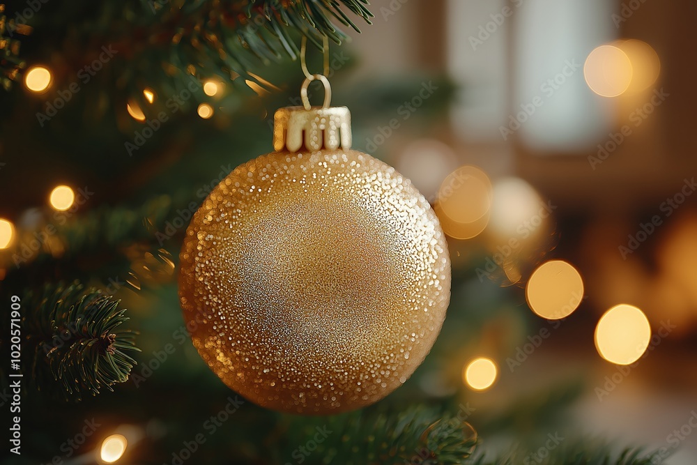 A sparkling gold ornament hangs from a Christmas tree, surrounded by glowing warm lights A sparkling gold ornament hangs from a Christmas tree, surrounded by glowing warm lights