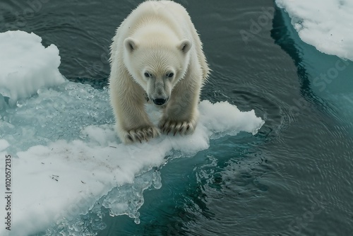 A solitary polar bear stands firm on an icy platform surrounded by a cold, splintered landscape, embodying the essence of resilience and survival in the Arctic wild. photo