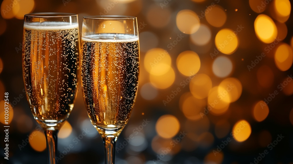 Two Champagne Glasses Toasting with Golden Bokeh Lights - Made with Generative AI