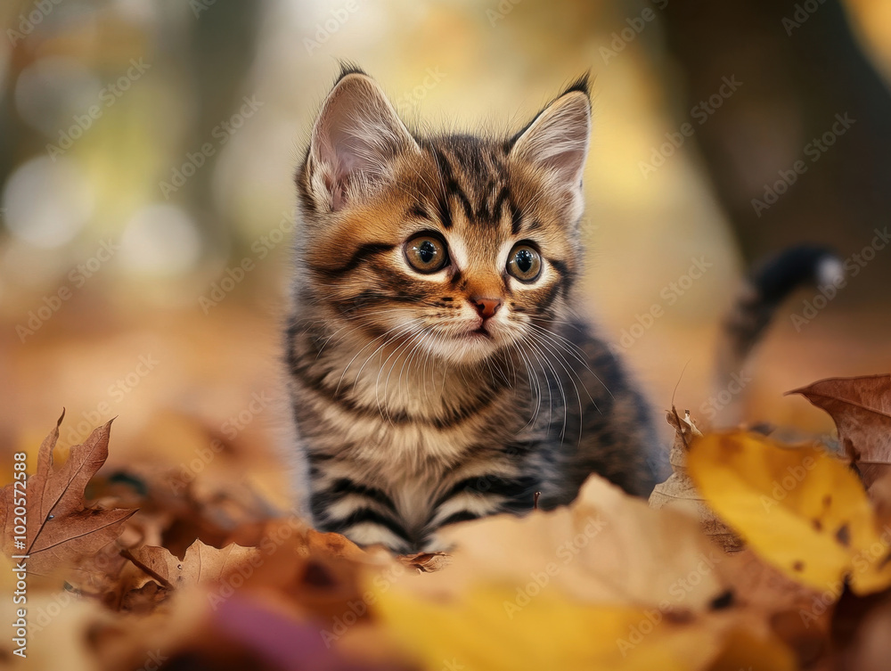 A cat surrounded by colorful autumn leaves in a tranquil outdoor setting A cat surrounded by colorful autumn leaves in a tranquil outdoor setting